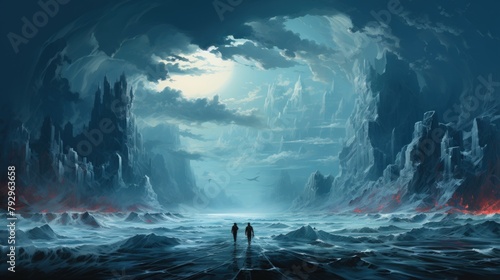 Fantasy landscape with a man in the middle of the sea.