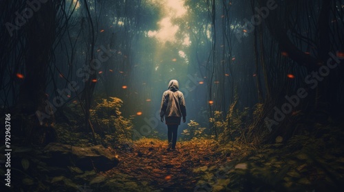 Hooded woman walking in the forest