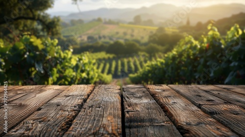 A wooden table with a view of a vineyard