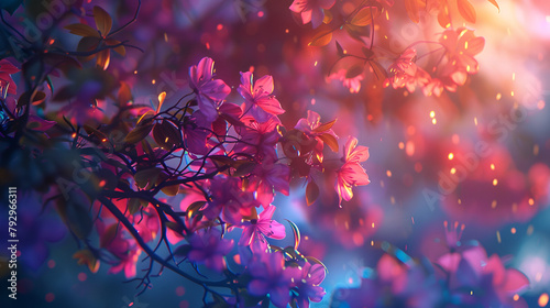 ramas con flores con una tenue luz de fondo que ilumina las flores tonos cálidos rosas y azul destellos de luces al fondo diseño plantilla