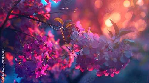 hermoso paisaje de flores en tonos rosas y morados con una luz de fondo que ilumina las ramas con floreadas fondo artístico y hermoso cálido y ornamental