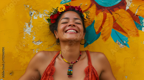 rostro de mujer representando y expresando felicidad y alegría con un toque cultural y tradicional orgullosamente latina proyectando tranquilidad y armonia