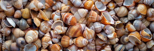 Collection of sea shells in various sizes and shades, closely packed together.