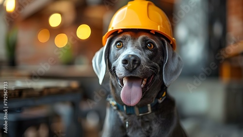Dog wearing construction helmet representing building and generation. Concept Dogs, Construction, Generation, Fun, Creative