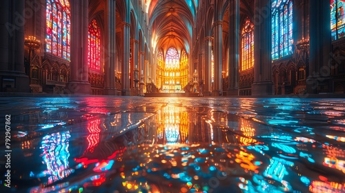stained glass cathedral interior, sunlight shining through, puddles on the floor reflecting the light