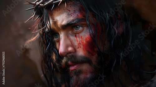 Jesus Christ with crown of thorns in agony, high-resolution banner, space for text, spiritual and religious use
