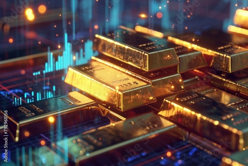 Rendered image of gold bullions overlaid on a dynamic financial market trend chart with digital accents