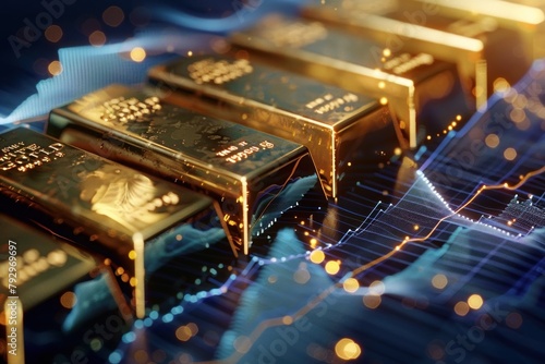 Detailed depiction gold ingots placed atop an advanced technological financial graph radiating connectivity