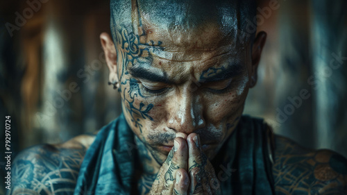 Tattooed man in prayer with eyes closed