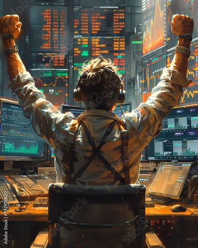 A stock trader celebrates his success in front of multiple monitors.