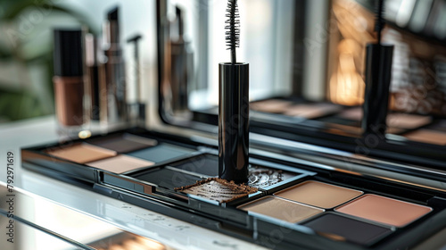 A blank mascara tube mockup with a black wand applicator, displayed on a vanity mirror with open makeup palettes.