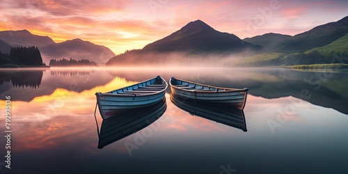 Serenity envelops the scene as a weathered wooden pier extends gracefully into the peaceful expanse of a tranquil lake, a rowboat moored securely to its post.