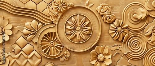 Modern illustration of traditional Japanese patterns and symbols in gold.