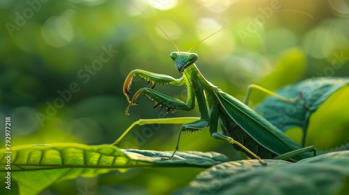 A praying mantis blending perfectly with the greenery as it hunts for prey on a leaf