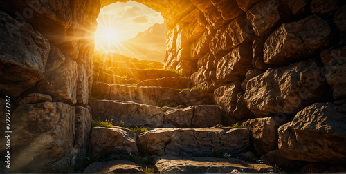 The Resurrection of Jesus in the Bible. Sunlight streaming into a gaping stone cave. Conceptual Religious Art, Symbolic Imagery, Spiritual Interpretation, Visual Metaphors, Bible.