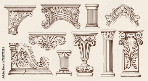 Vector art of victorian floral ornament and architecture elements. Flourish design filigree arabesque frame.