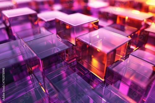 Precisely Constructed Glossy Cubes. Violet and Orange, Modern Tech Background. 3D Render