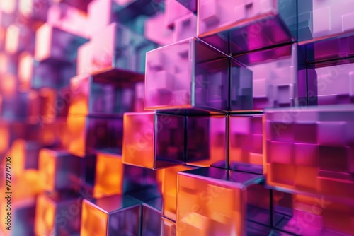 Precisely Constructed Glossy Cubes. Violet and Orange, Modern Tech Background. 3D Render