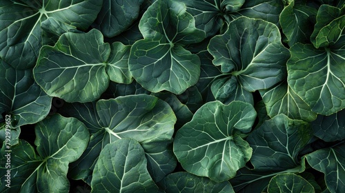 Green leaves of cabbage as a background. Top view. Flat lay.