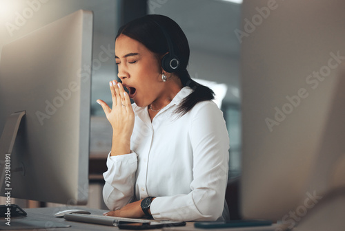 Woman, call centre and yawn at night, burnout and secretary or assistant tired in office. Female person, sleepy and receptionist or fatigue and overworked, exhausted and operator for consulting