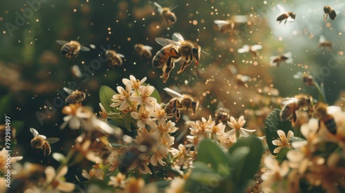 A swarm of bees buzzing around a flower-filled bush, their presence vital for pollination
