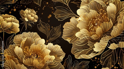 Modern illustration with a gold floral oriental style background with peony flower, Japanese, Chinese oriental line art.