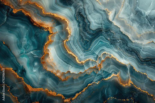 A top-down view of an intricate pattern of swirling emerald and gold agate patterns, creating the illusion that it is flowing like liquid metal in motion. Created with Ai