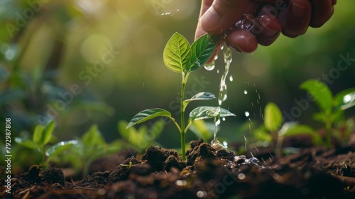 Close-up of a hand gently watering a newly planted sapling, aiding its growth