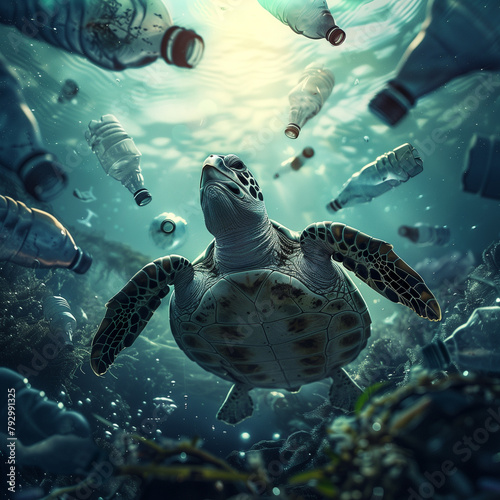 A tortoise swimming in the middle of plastic bottles underwater in the ocean