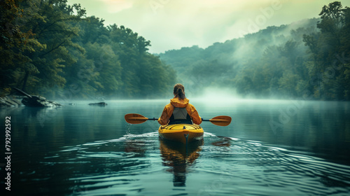 A woman paddling a kayak on a calm lake.