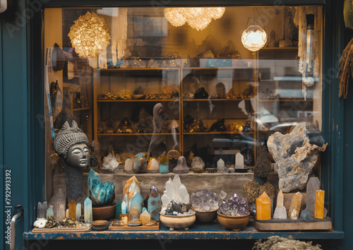 A view into the window of a store selling all kinds of healing products and featuring various healing crystals and stones