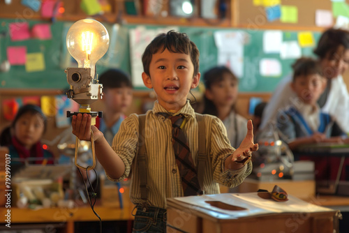 In a classroom, a young inventor presents a contraption invented gadget, sparking curiosity and igniting imaginations.