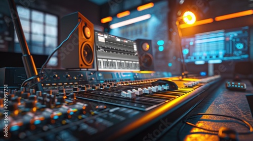 Professional Music Studio Equipment Closeup with Synthesizer and Monitors