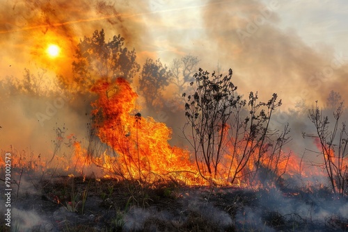 Raging wildfire consuming dry underbrush with billowing smoke.