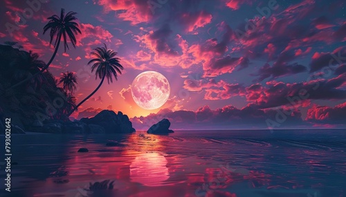 A stunning full moon over the tropical beach with palm trees and reflections in the water on a red sky background