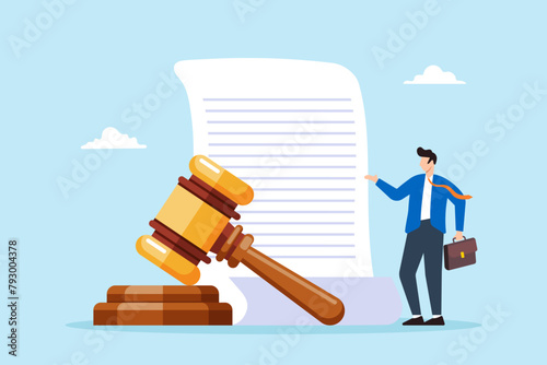 Mature lawyer stands with judge gavel and legal documents. Concept of professional attorney office, realm of law, and authorization of judicial decisions