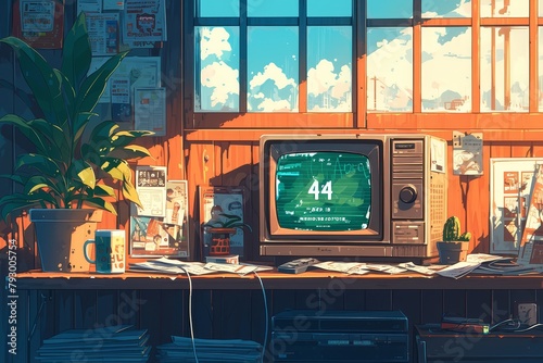 A retro anime illustration of an old television set in the center, with its screen showing number 44