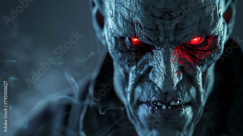 Close-up of a menacing 3D modeled character with glowing red eyes and sinister expression, designed for a video game antagonist.