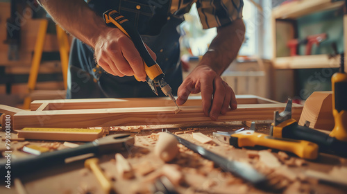 Detailed image of a DIY expert's hands assembling a wooden furniture piece, tools spread around on a workbench with soft focus background.