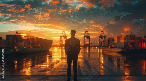 A man stands observing the bustling harbor at sunset, with a digital world map overlay highlighting the global scale of trade and commerce.
