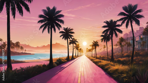 Pink golden hour in palm trees walkway road with beach