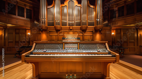 Innovative hybrid organ featuring both traditional pipes and digital enhancements, set in an academic setting for music technology research.