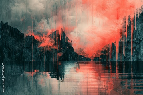 Abstract digital art with boutique charm, living coral, storm gray, and forest biome hues. Dramatic negative space and minimalism capture tragedy in suspended animation.
