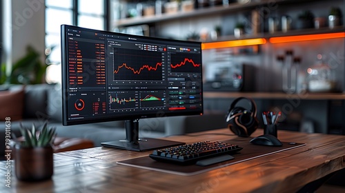Design a digital artwork depicting a PC monitor on a clean desk, showing an advanced financial dashboard.