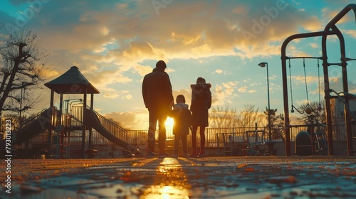 A family of three is walking towards the sunset in a park.