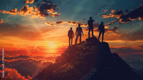 A group of four people standing on a mountaintop watching the sunset.