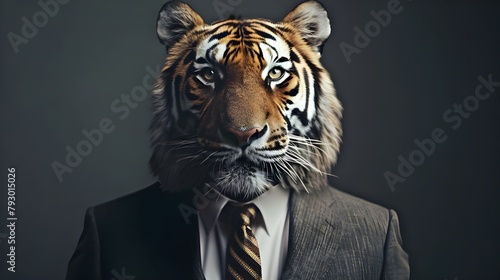 portrait of tiger in a full-length business suit on a dark background. Generated AI
