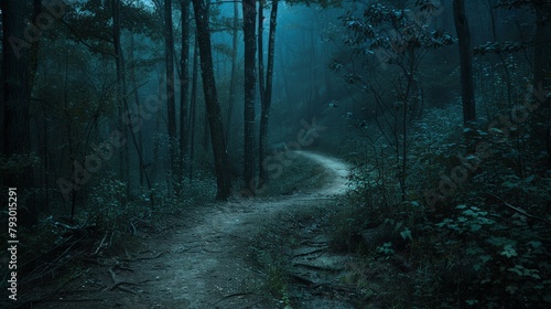 A winding path disappearing into the depths of the forest, tempting explorers to uncover its secrets under the cover of night