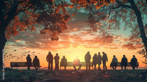 A group of people are sitting on benches in a park, watching the sunset.