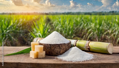 Açúcar branco com cana-de-açúcar fresca em mesa de madeira com fundo agrícola de plantação de cana-de-açúcar